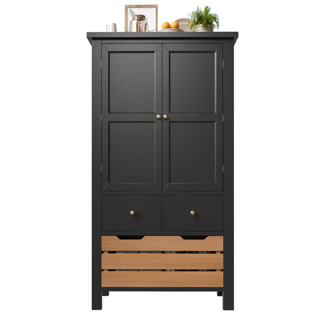 Credenza da cucina 80x40x140 cm con 5 cassetti e doppia anta, mobile multiuso nero