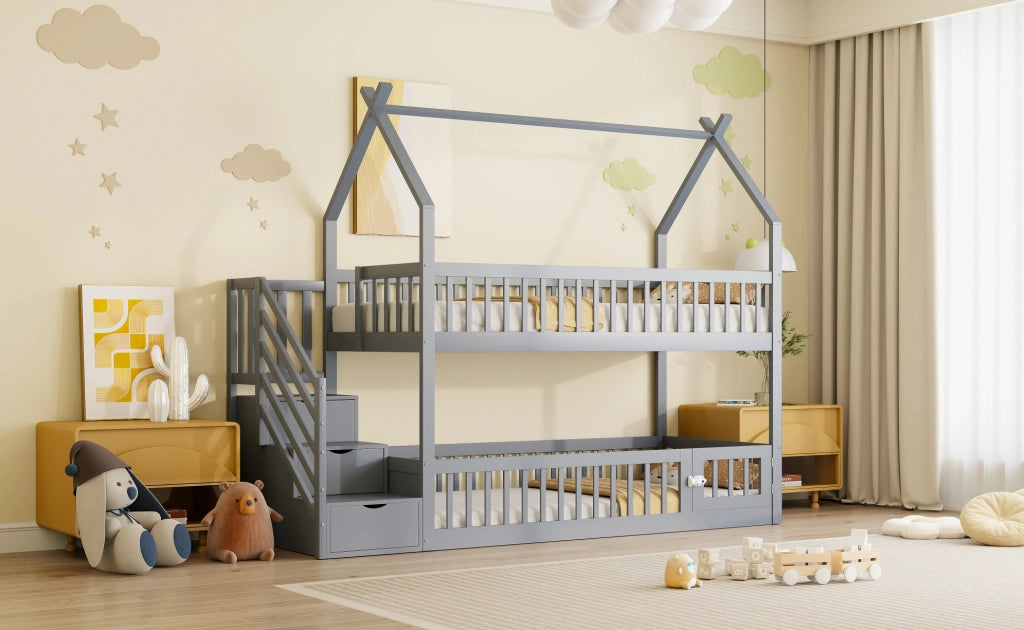 Letto a castello 90x200 cm con tetto; scala con cassetti e porticina in legno grigio
