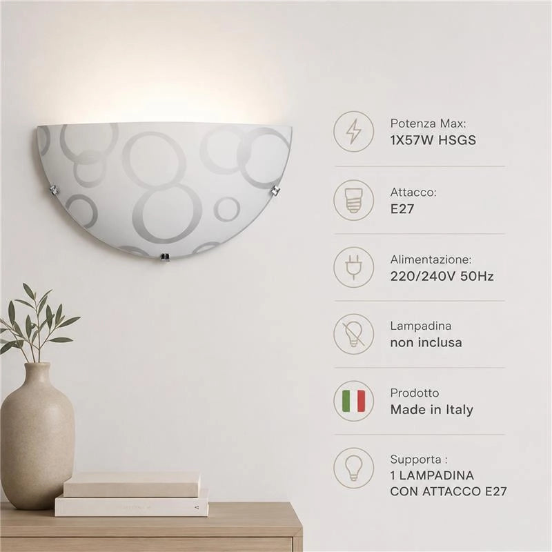 APPLIQUE DARIA 1XE27 GANCI CROMO VETRO LASTRA BIANCO DECORATO CERCHI Ø30-H.15-P.10 CM