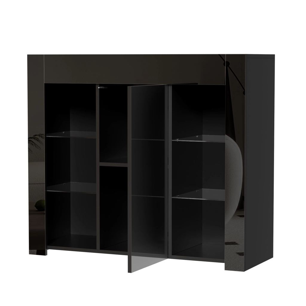 Credenza con 1 Anta e Ripiani in Vetro; Frontale Lucido; Stile Moderno; in Pannello Truciolare; 95??35??83 cm; Nero