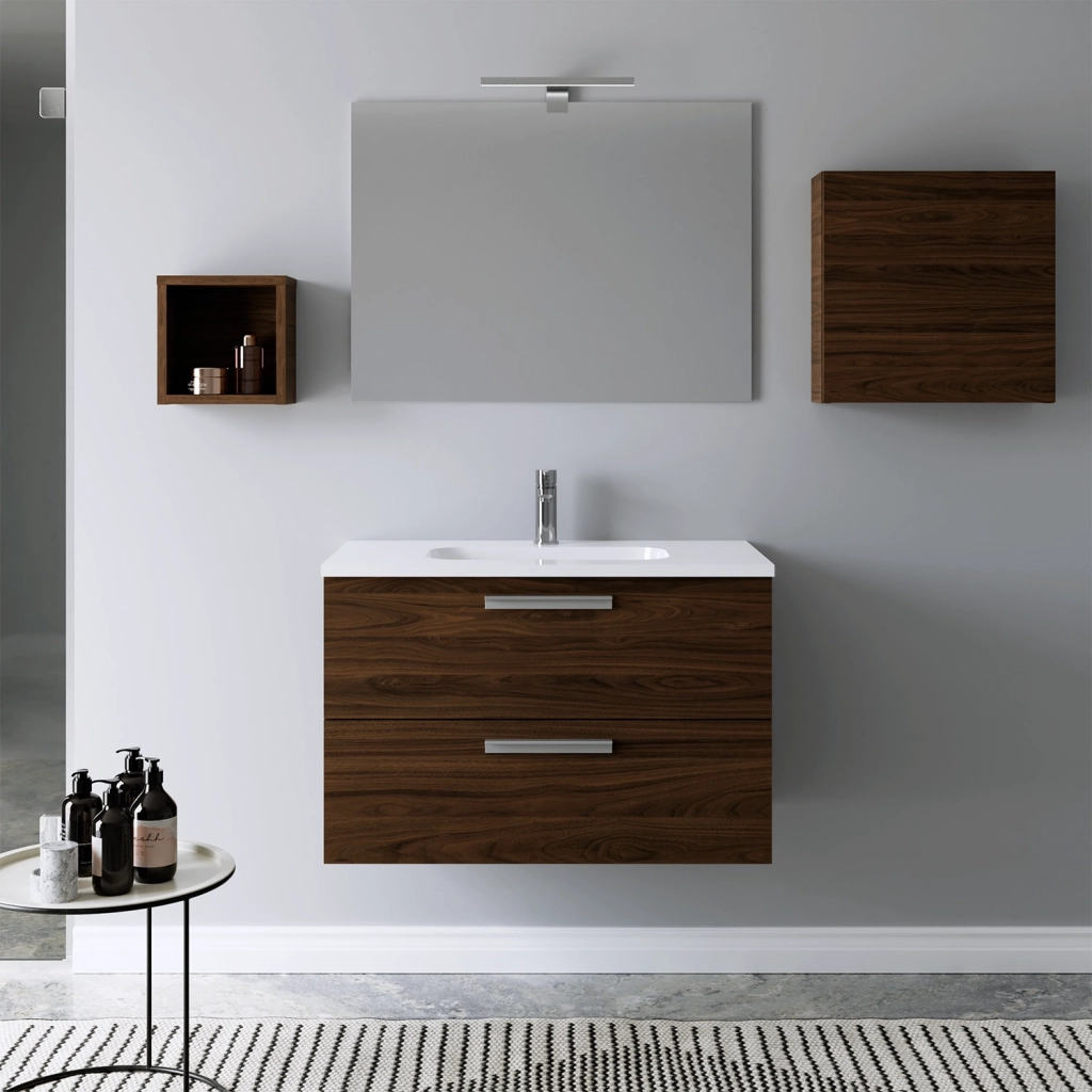Mobile da bagno sospeso 100cm rovere tabacco con lavabo e specchio | Jasper