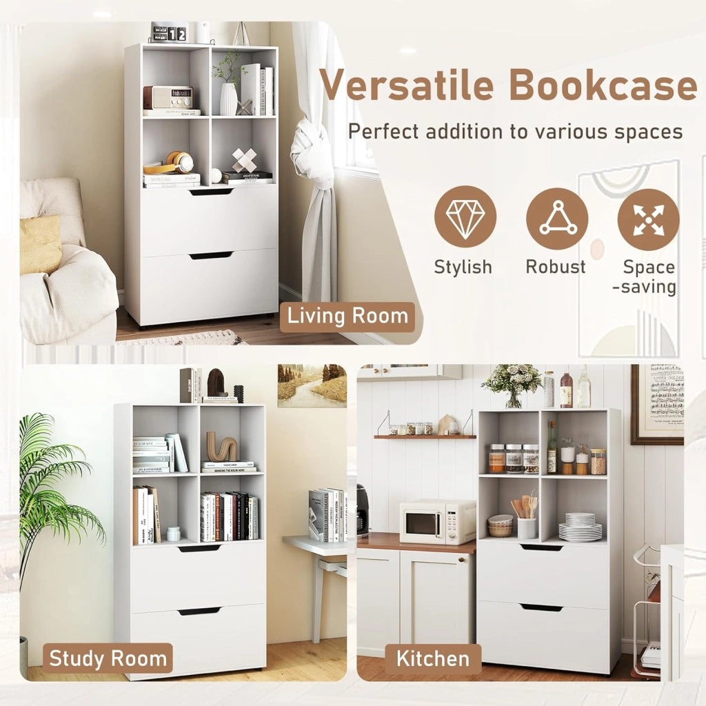 Libreria con 4 cubi e 2 cassetti, scaffale da libreria a piedi con kit antiribaltamento, mobile di stoccaggio autoportante per ufficio, soggiorno, ufficio casa (bianco)