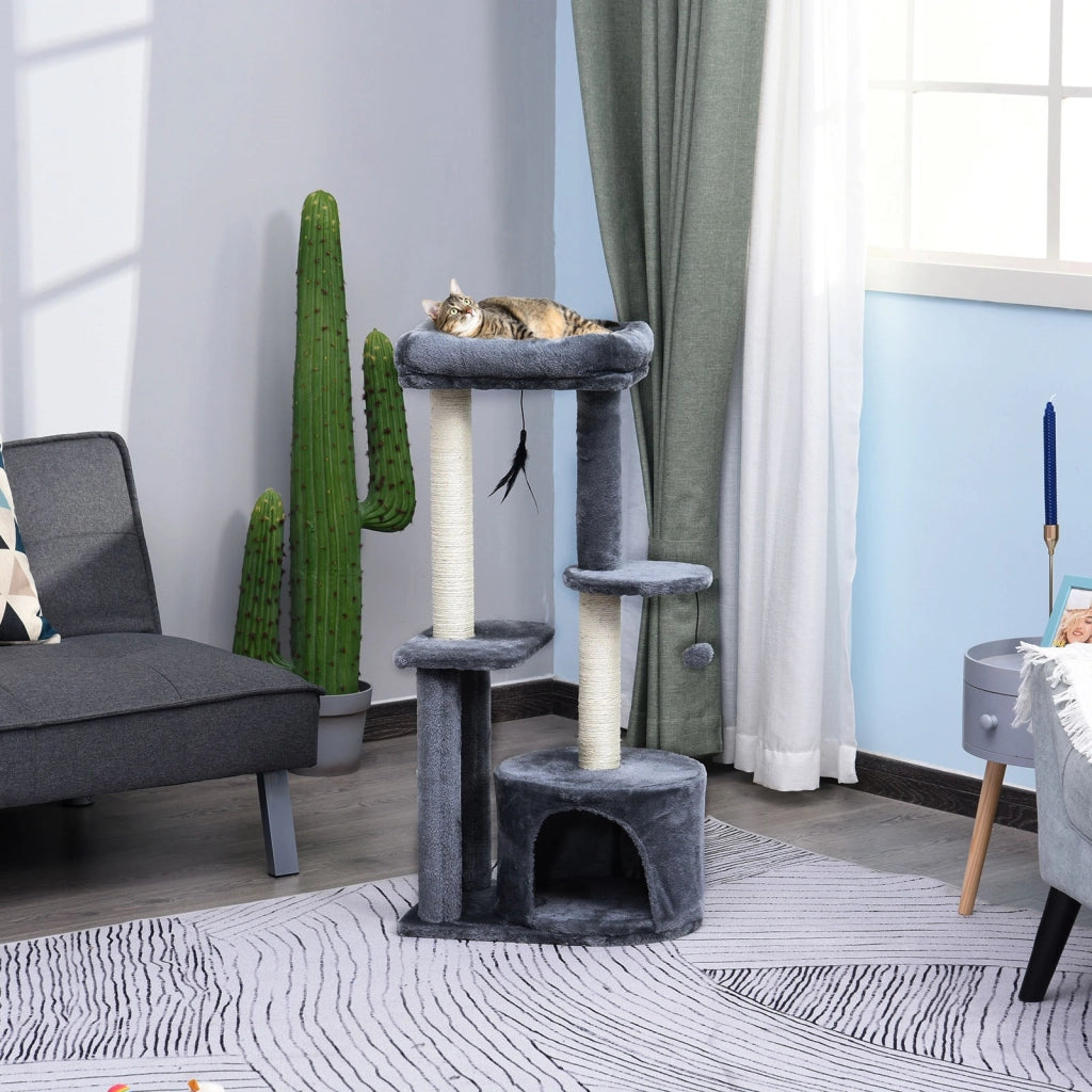 Easycomfort Albero Tiragraffi per Gatti Adulti su più Livelli, Castello per Gatti con Cuccia, Posatoio e 2 Ripiani, Bianco e Grigio, 48x35x100cm