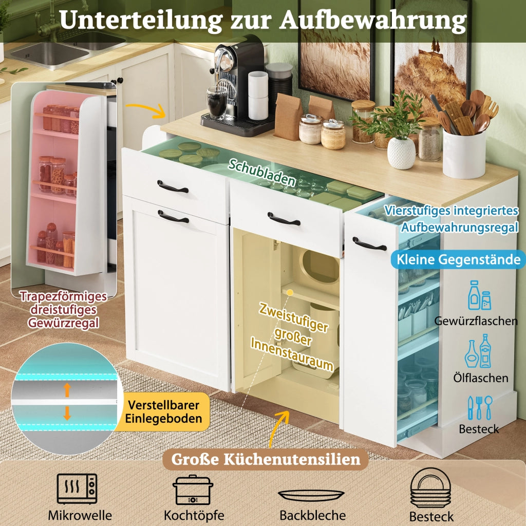 Credenza con ripiani aperti e vano rifiuti; per cucina e sala da pranzo; in MDF; bianco