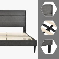 Struttura Letto Matrimoniale con Rete a Doghe e Piedini antiscivolo, Testiera Imbottita in Lino,140x200 Grigio Scuro