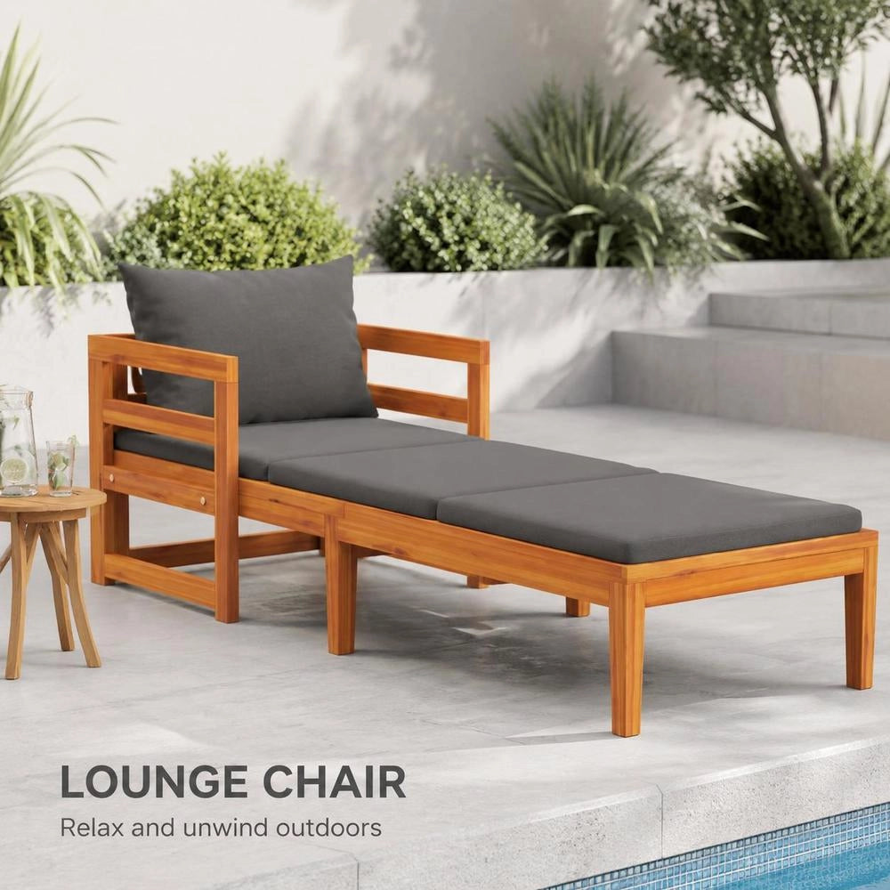 Sun Lounger With Dark Grey Cushions, Solid Acacia Wood
