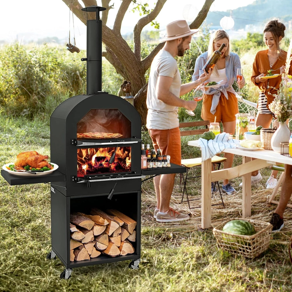 Forno per Pizza da Esterno con Ruote, Forno a Legna per Pizza con Copertura Protettiva, Pala per Pizza, Griglie e Termometro Integrato, per BBQ, Campeggio e Festa (Modello 1)