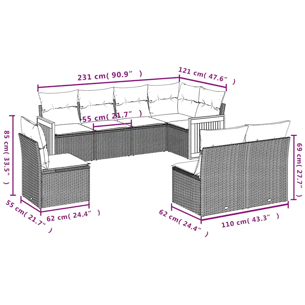Set Divani da Giardino 8 pz con Cuscini Grigio in Polyrattan 3227727
