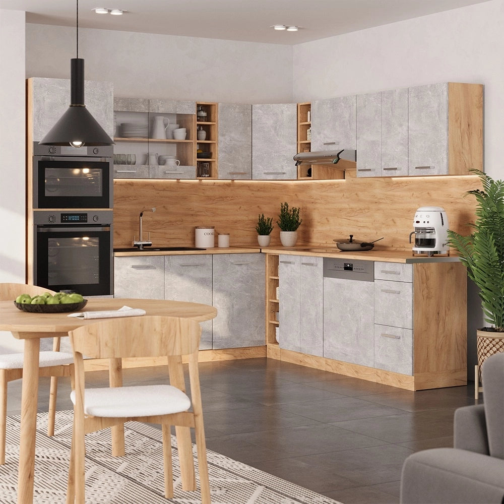 Cucina angolare completa R-Line Calcestruzzo/Rovere dorato 247 x 237 cm, PL Rovere Vicco