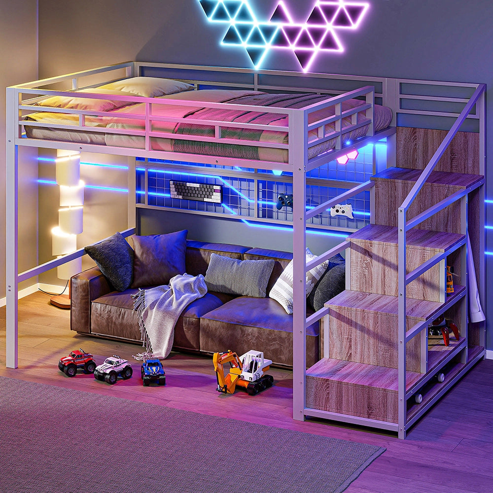 Letto mezzanino con LED 140x200cm - Xylo - bianco, armadio, griglia