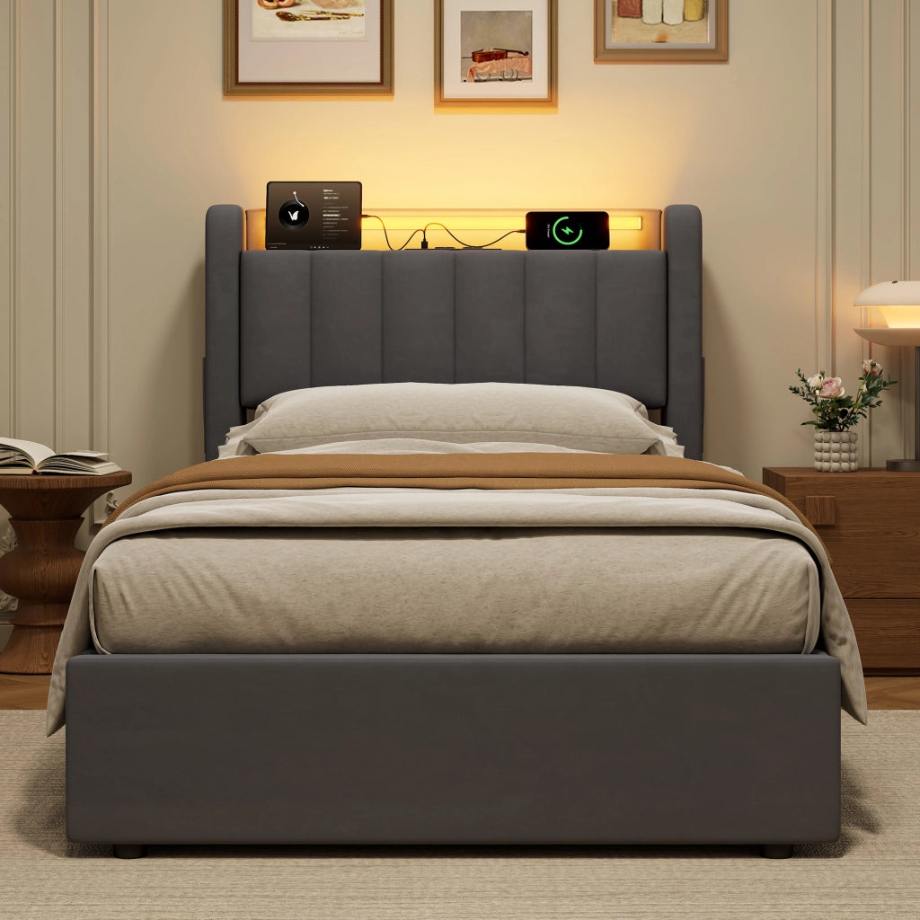 LETTO Imbottito 90 x 200 cm in Velluto con Contenitore, LED e USB",
"description
