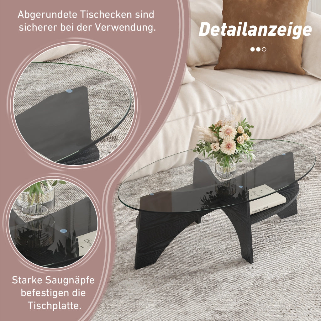 Tavolino da caffè con piano in vetro e base a ventaglio - per soggiorno - 104.9×60×35.6 cm - in MDF e vetro - nero e trasparente