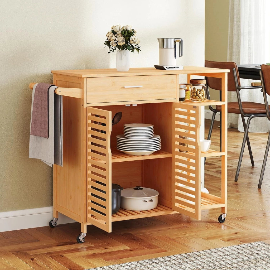Carrello da cucina con ruote, isola cucina con cassetti, porta asciugamani, scaffali aperti, carrello da servizio, carrello in legno, carrello da cucina, 104 x 40 x 89 cm