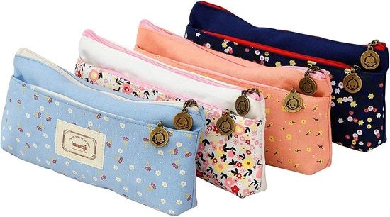 Penetui con 2 cassette in stile pastorale vintage a tela di canapa - blu scuro, blu chiaro, bianco e rosa - piccolo contenitore per pennelli e matite.