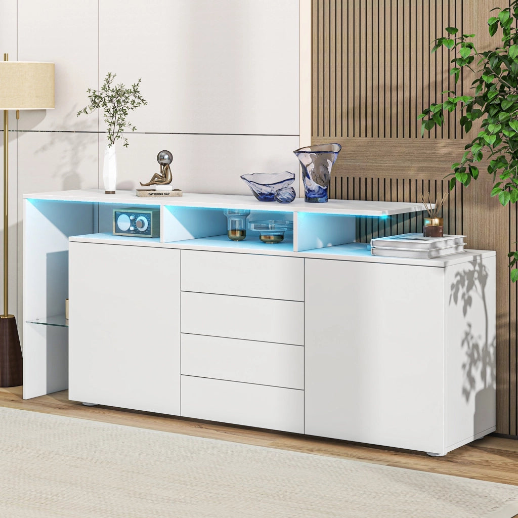 OKWISH Credenza con 2 Ante 4 Cassetti 2 Vani Aperti e LED per Soggiorno Sala da Pranzo, Bianco, 160 x 35 x 70 cm