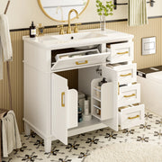 Mobile bagno freestanding bianco 90x46x87 cm con lavabo in ceramica, 4 cassetti, armadietto a doppia anta e finiture oro