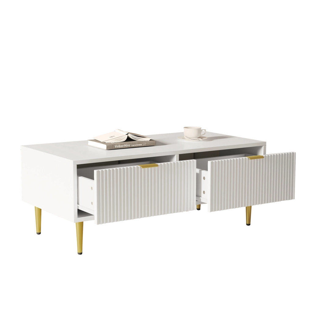 Tavolino basso 100x50x40 cm bianco MDF, 2 cassetti dorati