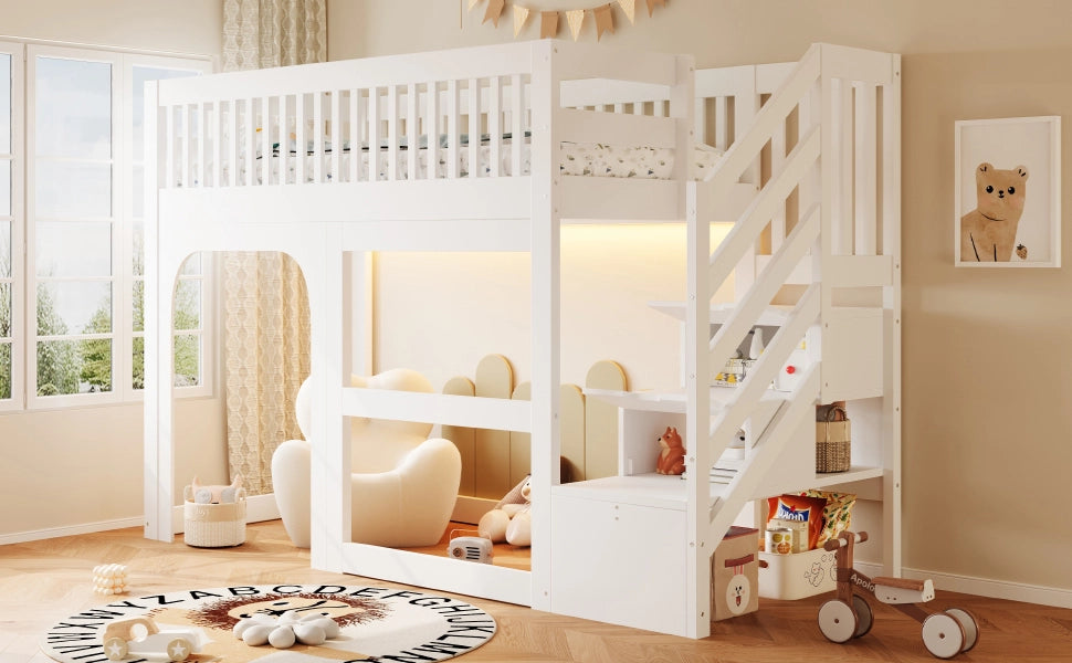 Letto a soppalco per bambini 90 × 200 cm con scala contenitore, LED, spazio aperto e senza materasso, bianco
