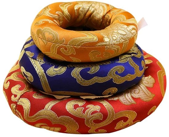 Set di campane tibetane 3 pezzi - Piuma di campana - Tappetino per campane - Mat per campane - Dimensioni 8/10/12 cm - Fatto a mano in Nepal