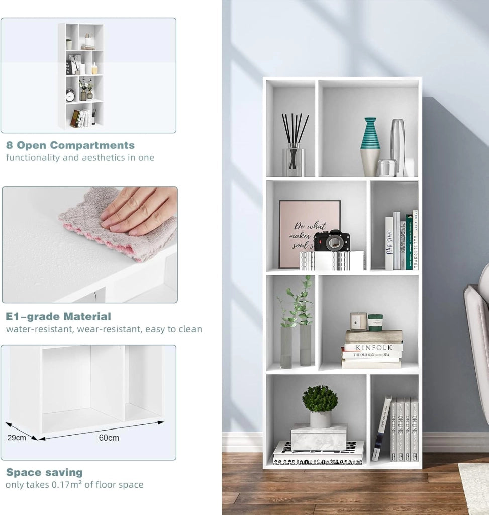 Libreria Scaffale a 4 Ripiani, Libreria a Cubi, Portaoggetti Autoportante, Scaffale Espositivo con 8 Scomparti Aperti, per Salotto Camera da Letto, in Legno Bianco, 60x29x143,5 cm, SK032ws