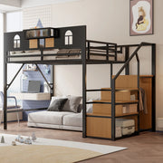 Letto a soppalco 140x200 cm con scaletta contenitore e mensola in metallo nero