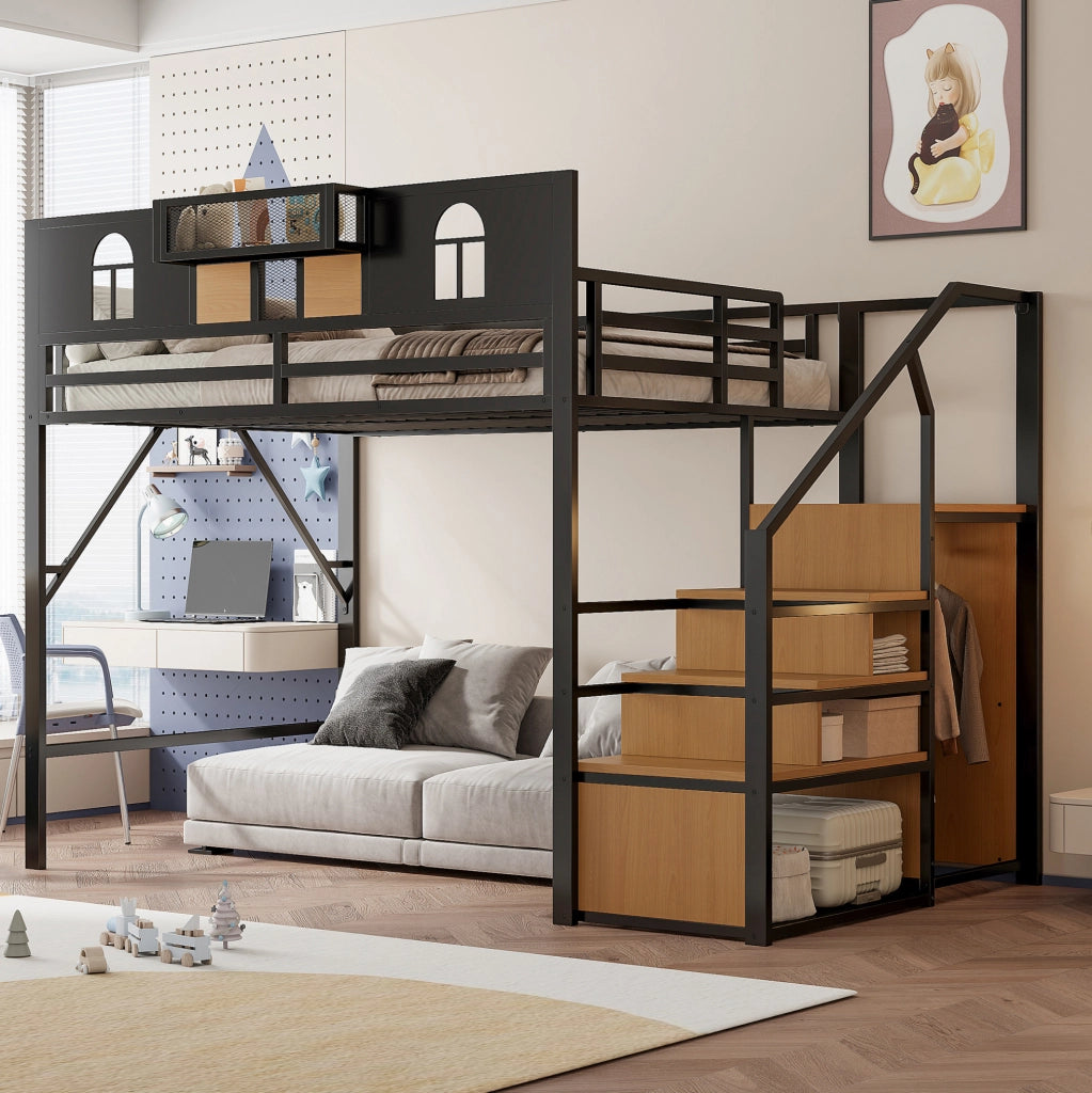Letto a soppalco 140x200 cm con scaletta contenitore e mensola in metallo nero