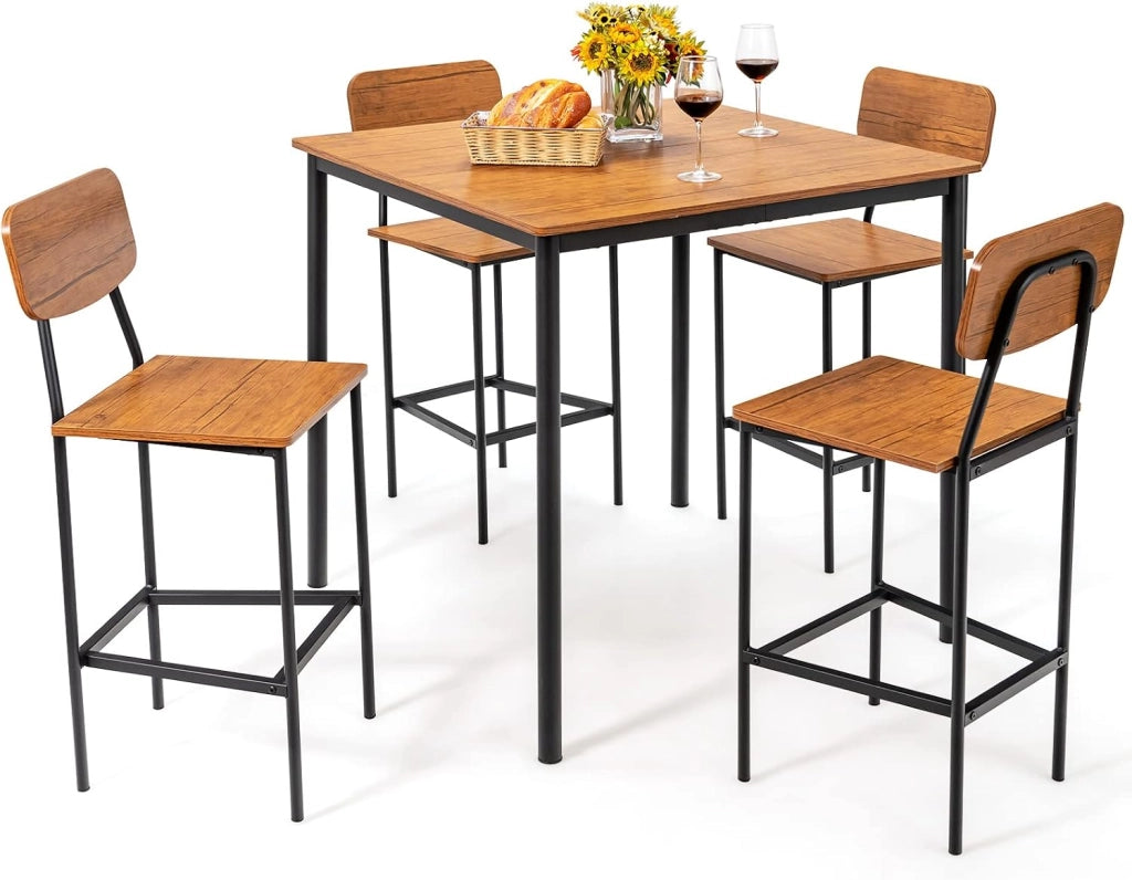 Set 5 Pezzi Tavolo da Pranzo, 1 Tavolo Rettangolare e 4 Sedie con Poggiapiedi, Set di Tavolo da Pranzo Salvaspazio per Casa Ristorante Bar (Marrone Scuro)