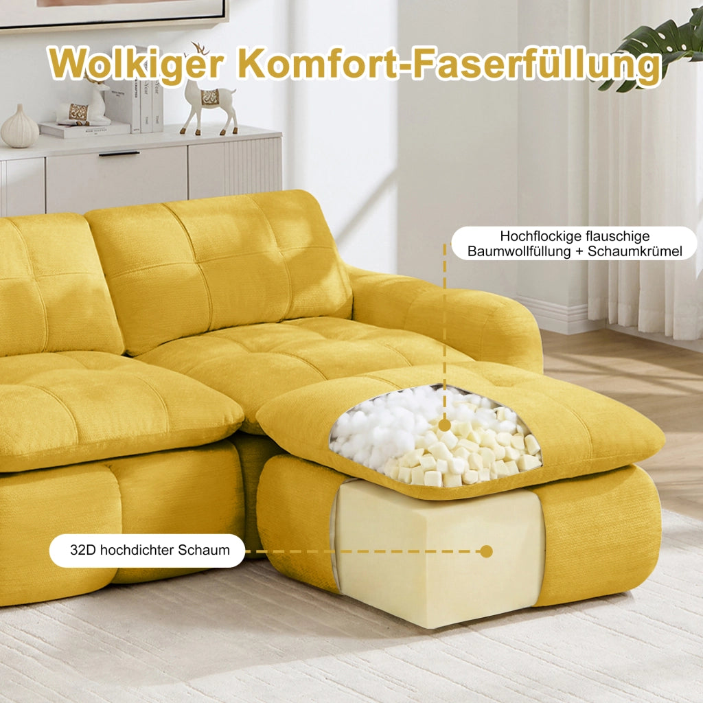 Divano angolare modulare 4 posti senza telaio con cuciture a griglia in ciniglia gialla 334 × 160 × 68 cm