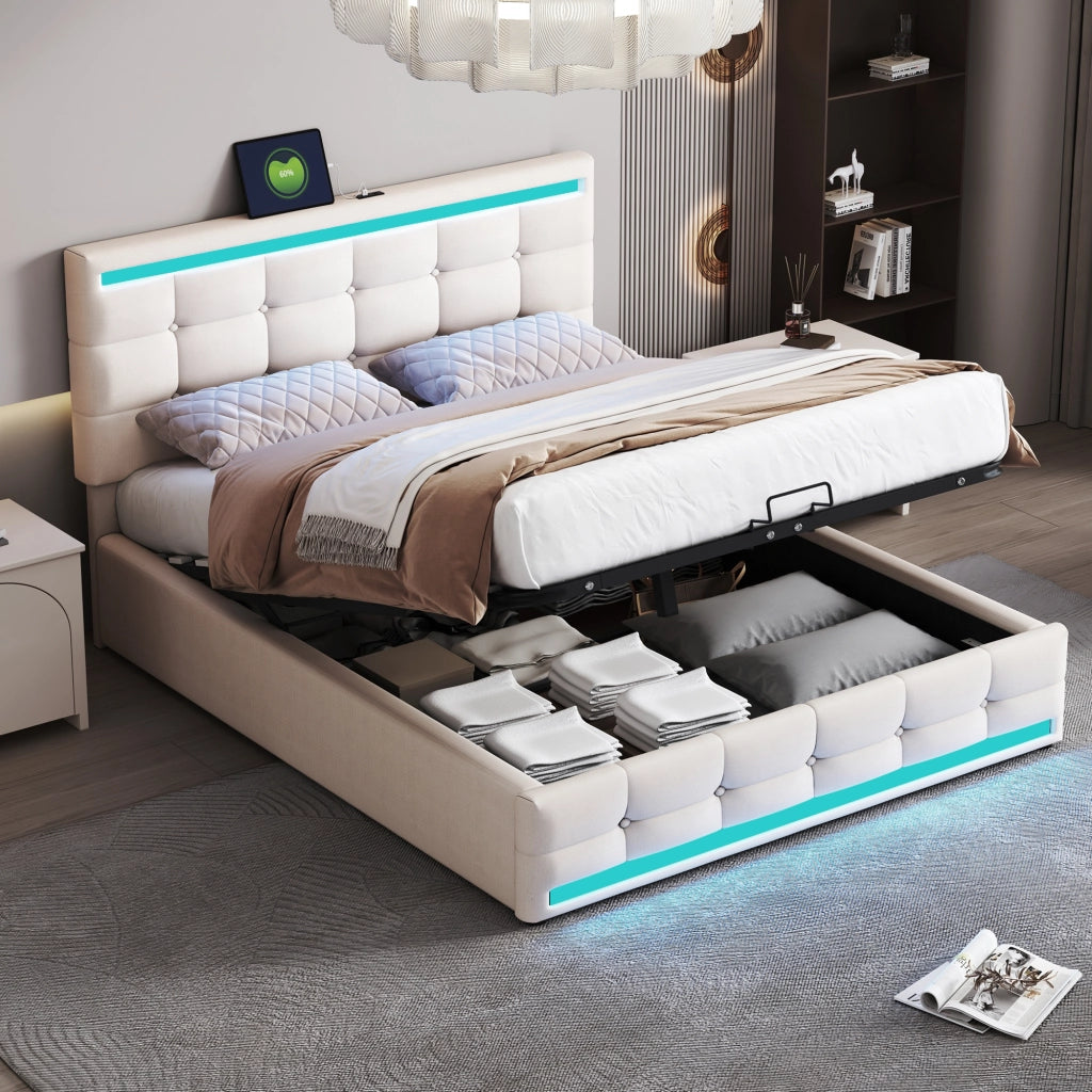 Letto imbottito con LED, 2 USB, contenitore e testiera regolabile, 140x200 cm, lino beige