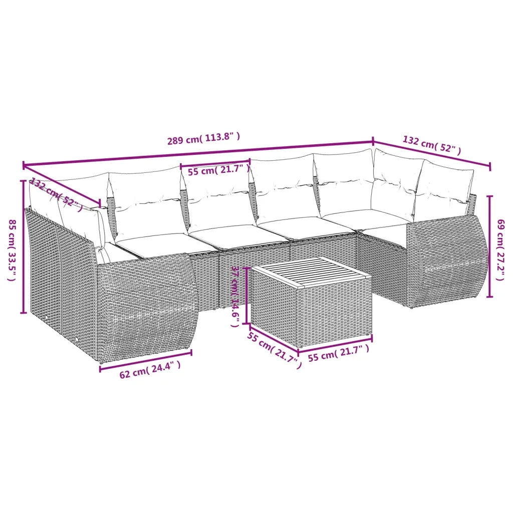 Set Divano da Giardino 8 pz con Cuscini Beige in Polyrattan