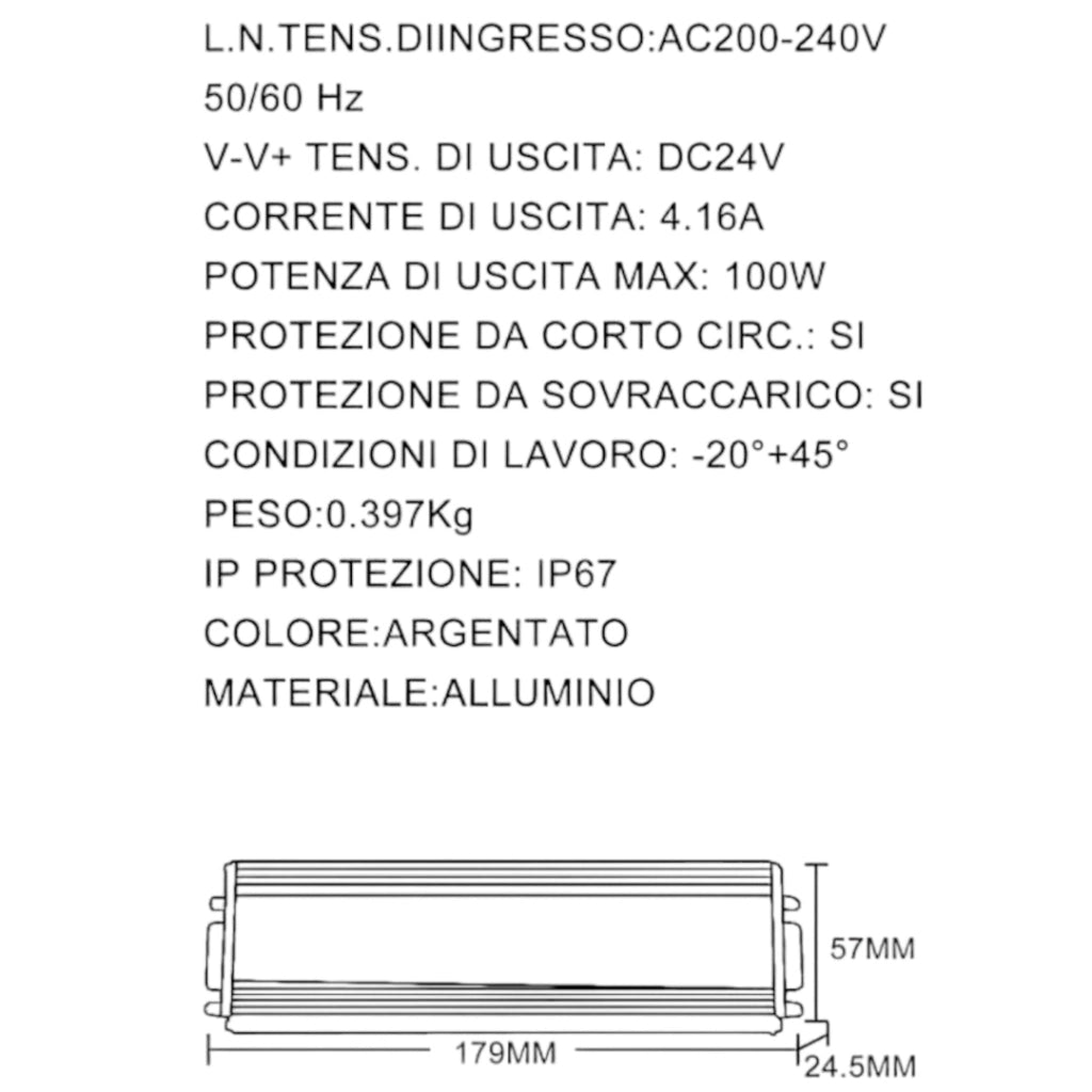 ALIMENTATORE TRASFORMATORE DA ESTERNO METALLICO STABILIZZATO SWITCHING IMPERMEABILE IP67 220V-24V 4.1A DA 100W