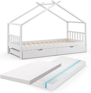 Letto montessori bambini Design, Bianco, 90x200 cm con letto per ospiti e 2 materassi, con sponda anticaduta e rete a doghe per un sonno sicuro