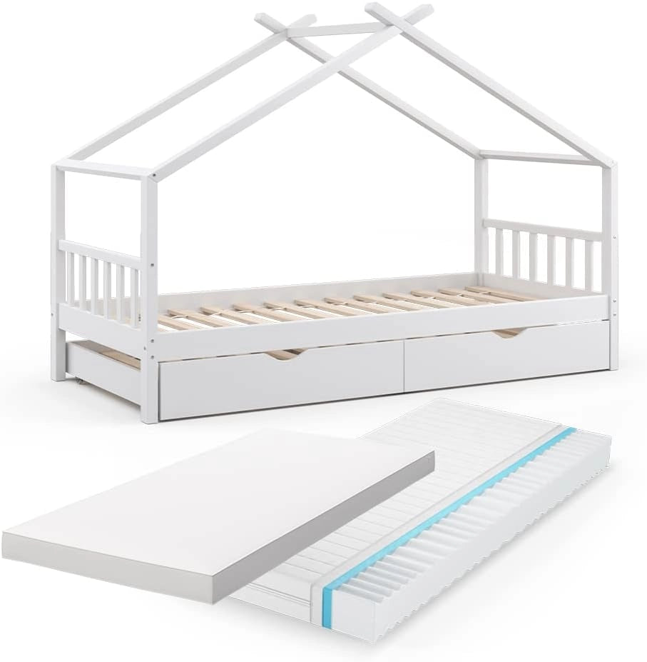 Letto montessori bambini Design, Bianco, 90x200 cm con letto per ospiti e 2 materassi, con sponda anticaduta e rete a doghe per un sonno sicuro