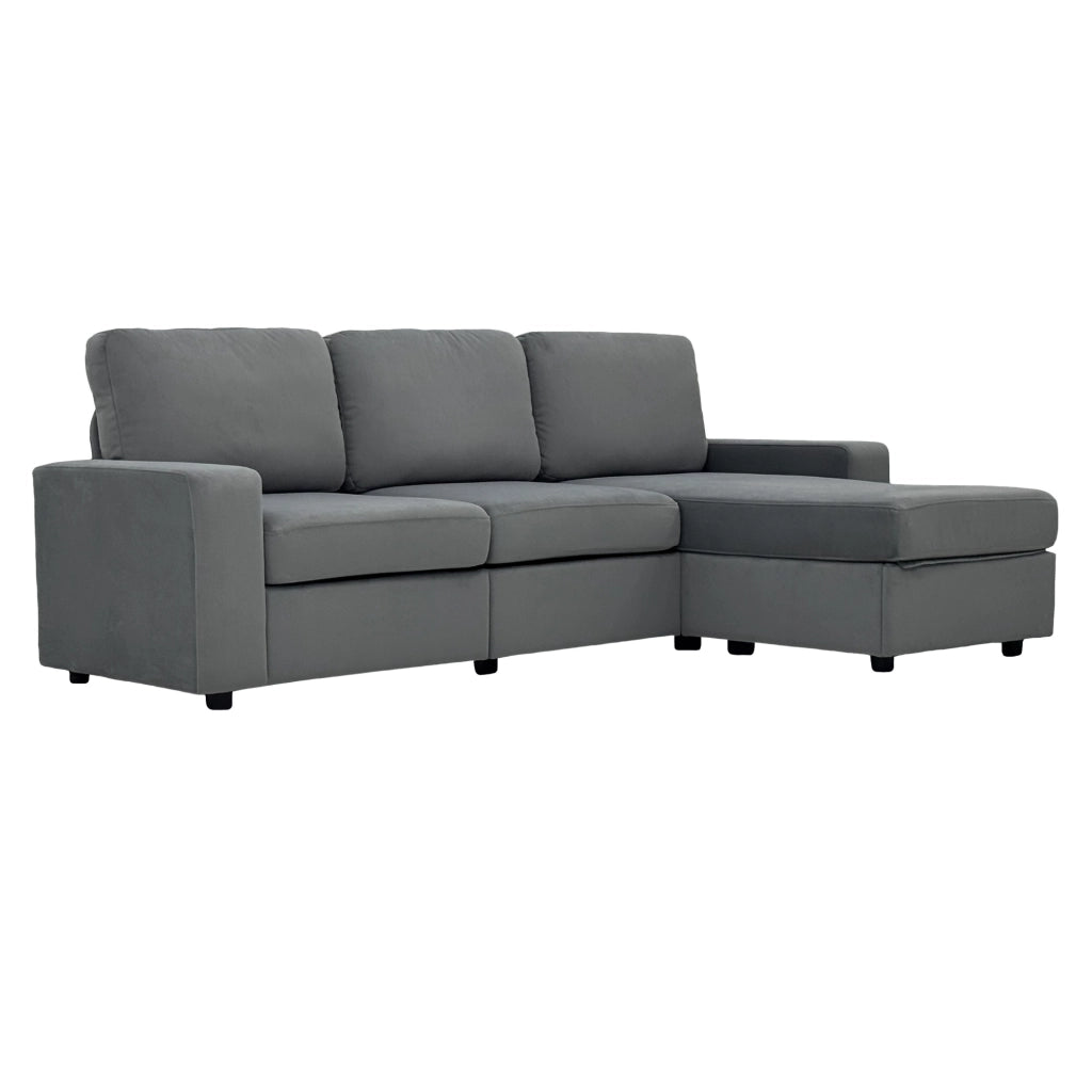 Divano angolare convertibile con contenitore, chaise longue reversibile in tessuto grigio