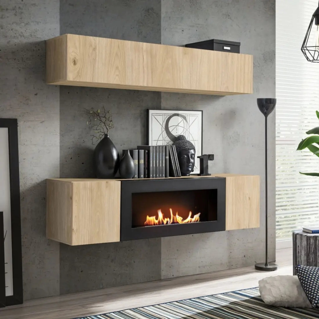 Composizione murale FLY – Rovere chiaro – Vetrina orizzontale e mobile TV con camino a bioetanolo