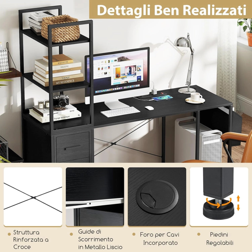 Scrivania con Libreria e Luci LED a Telecomando, Scrivania da Ufficio con Prese di Corrente, 2 Cassetti, 4 Ripiani e Anta, Scrivania per PC Salvaspazio con Tasca, 120 x 65 x 130 cm, Nero