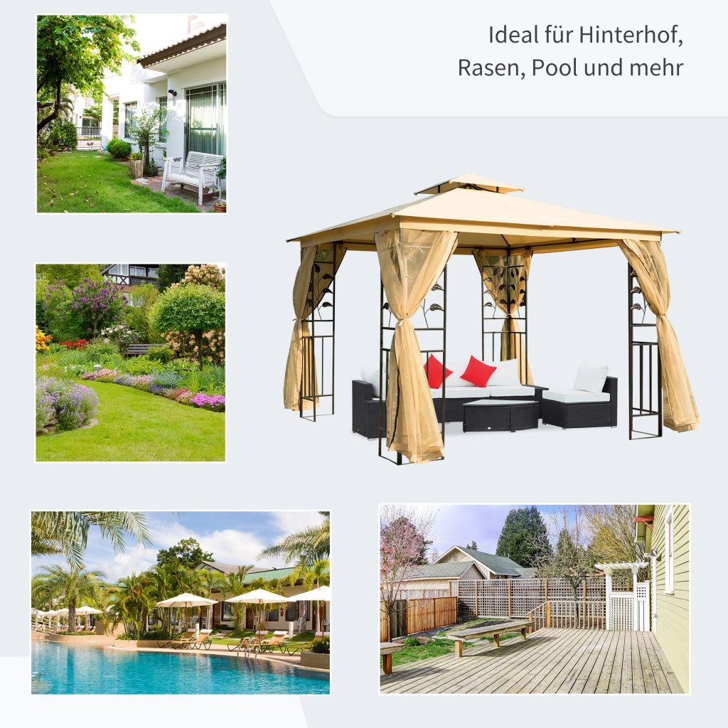 Pergola da giardino 3x3 m ¨C zephmum ¨C beige con tetto doppio e pannelli laterali