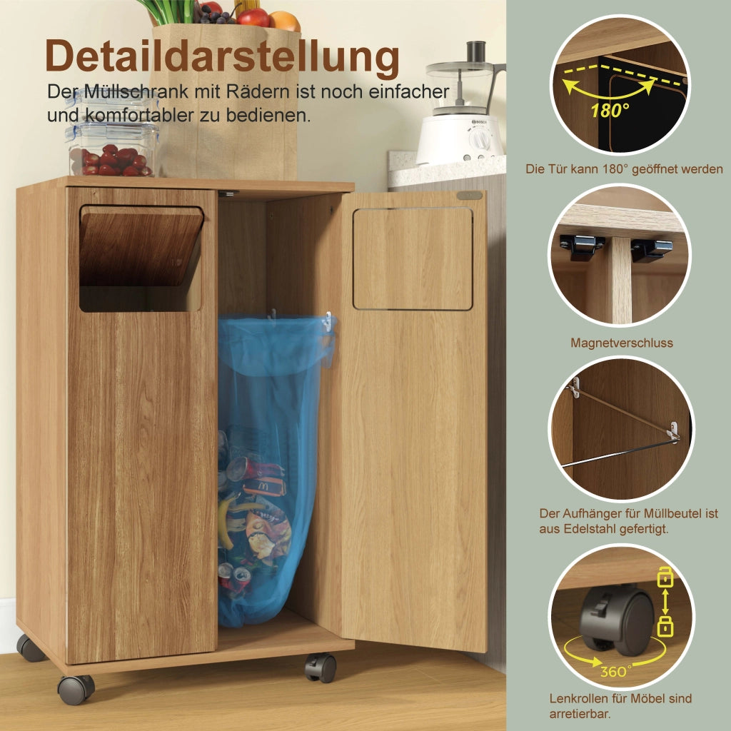 Mobile Raccolta Differenziata 2 Ante con Ruote ¨C Xylo ¨C Rovere, 46.7x35x80 cm