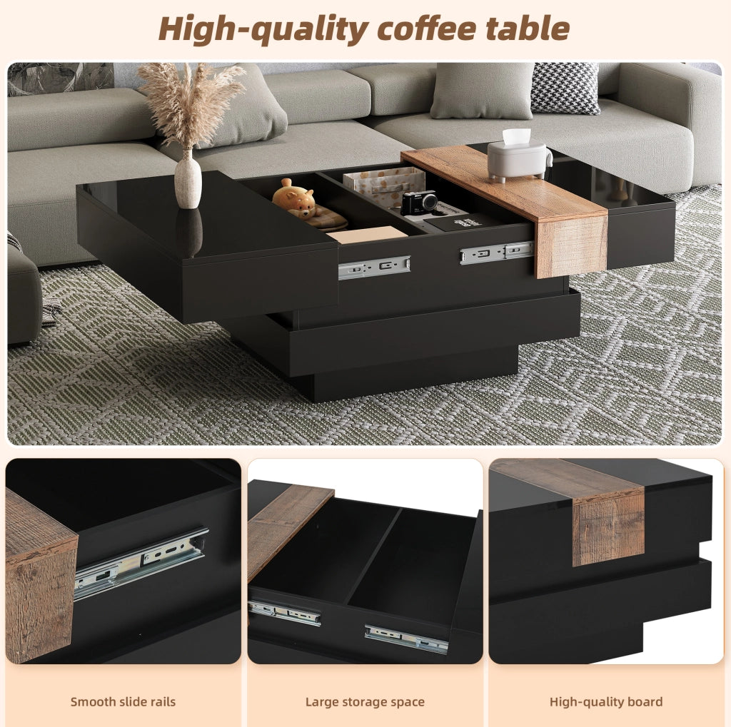 Tavolino da caffè quadrato 70 x 70 x 39 cm con piano estraibile e vano portaoggetti; nero in MDF