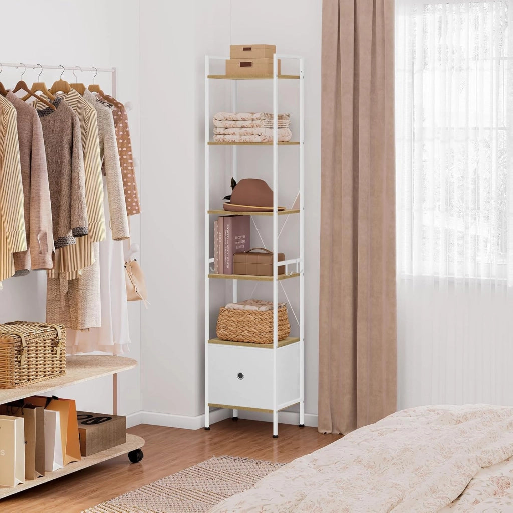 Libreria a 5 Piani, Scaffale ad Angolo Alto, Libreria Stretta con 1 Cassetto, Stile Moderno, Struttura in Acciaio, per Soggiorno, Ufficio, Studio, Camera da Letto, Rovere Chiaro+Bianco