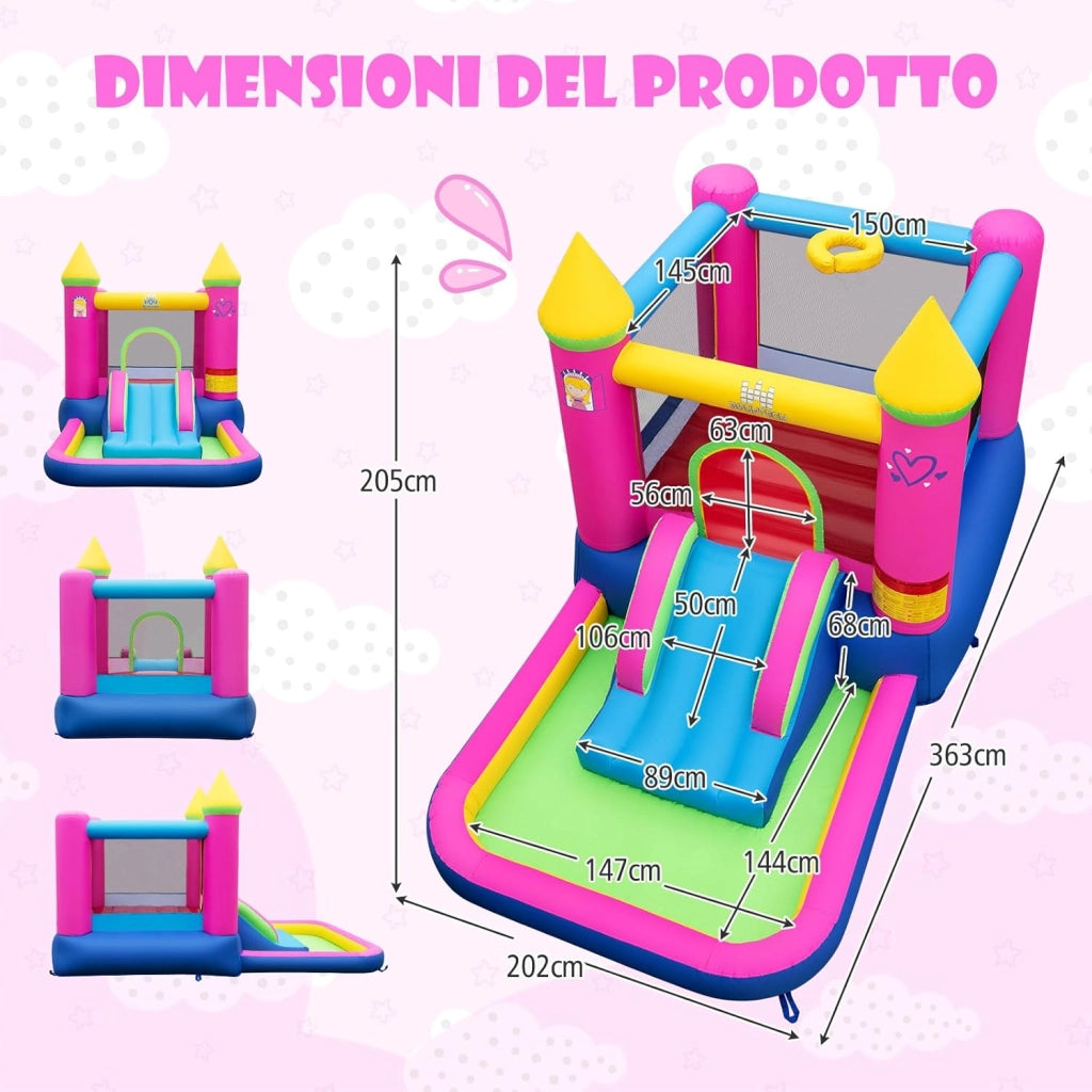 4-in-1 Castello Gonfiabile per Bambini, Castello a Tema Principessa con Scivolo, Area Salto, Canestro da Basket e Vasca per Palline, Giochi Gonfiabile per 3-12 Anni (Senza Soffiatore)