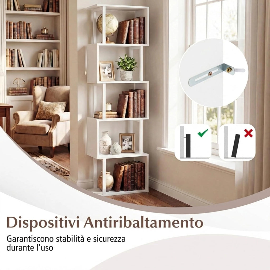 Libreria a 5 Livelli in Legno, Scaffale Espositore Geometrico con Struttura in Metallo, Mobile Portaoggetti Salvaspazio per Camera da Letto Soggiorno Ufficio, 38x23x147 cm (Bianco)