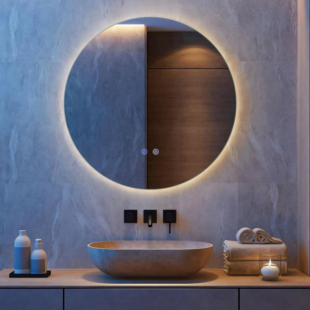 Specchio Rotondo LED da 70 cm, Specchio da Bagno da Parete con Luminosità Regolabile, Retroilluminato Morbido, Vetro Temperato con Funzione Memoria e Anti-Appannamento (70 cm x 3 cm)