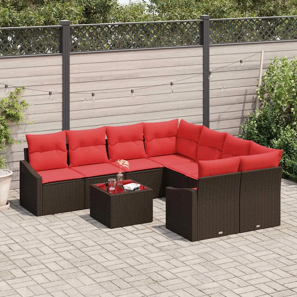 Set di divani 9 pz 3-Numero di posti Marrone e Rosso polyrattan 3346664