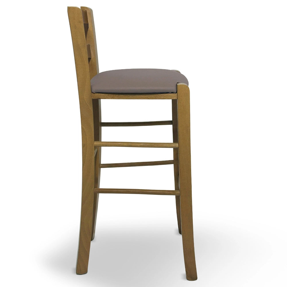 Sgabello in legno noce chiaro con schienale h 66cm con seduta similpelle tortora