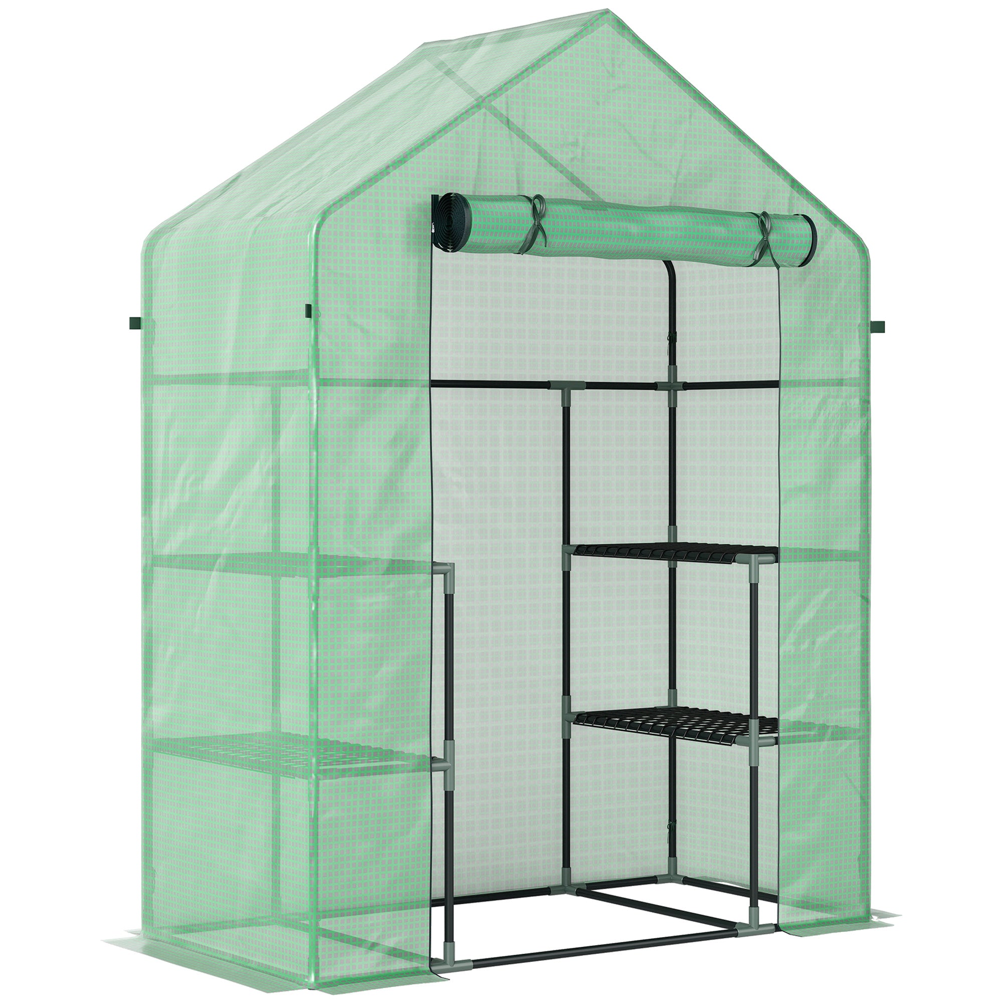 Serra da Giardino 142x73x195 cm con 2 Mensole a 3 Livelli e Ingresso a Zip in Acciaio e PE Verde