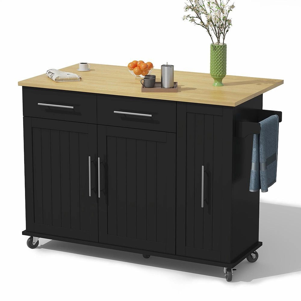 Isola cucina con ribalta - Xylo - Carrello scorrevole 3 livelli, 2 cassetti, porta-asciugamani, nero