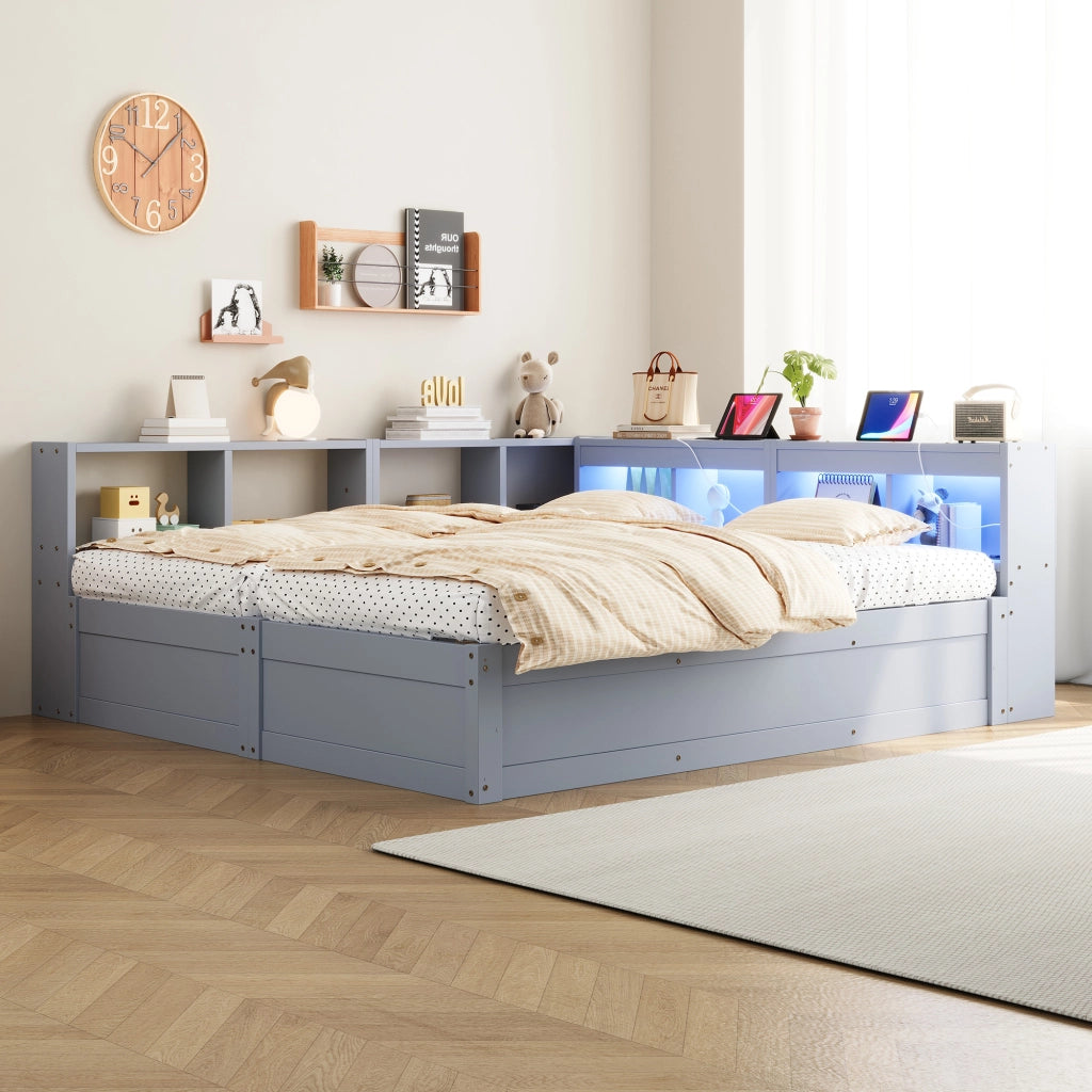 Letto combinato 90/180 × 200 cm con prese, LED, contenitore idraulico, senza materasso, in MDF, grigio