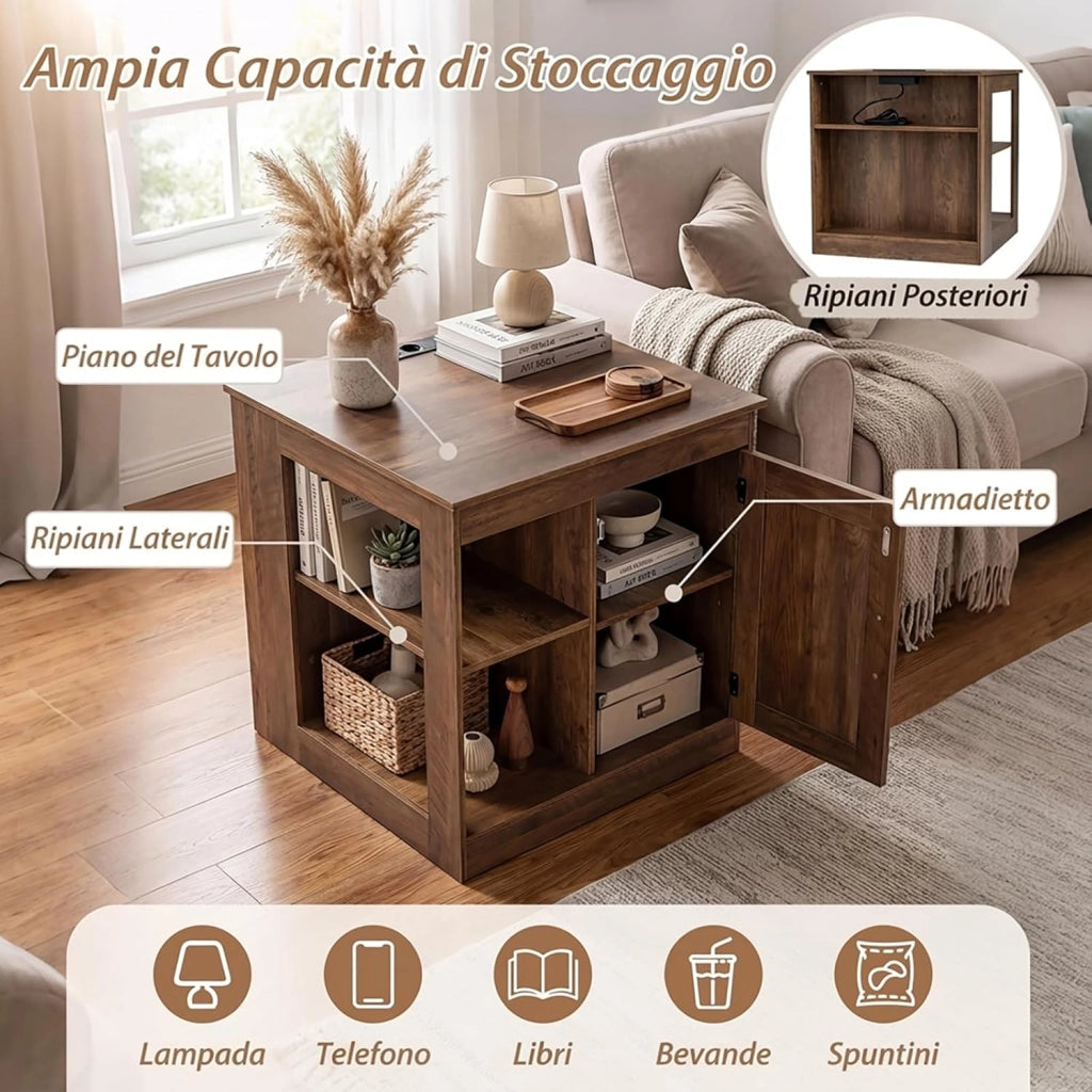 Tavolino Laterale da Salotto, Comodino Rustico con Stazione di Ricarica, Ripiano Regolabile e Porta da Fienile, Tavolino Versatile per Camera da Letto e Soggiorno (Marrone)