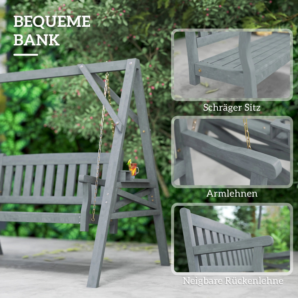 Divanetto a dondolo per giardino 2 posti con ripiani e portabicchieri ¨C zephmum ¨C Legno e metallo grigio 120x80x100 cm